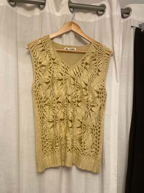 YUANXING Yellow Open Knit Crochet V-Neck Sweater Vest